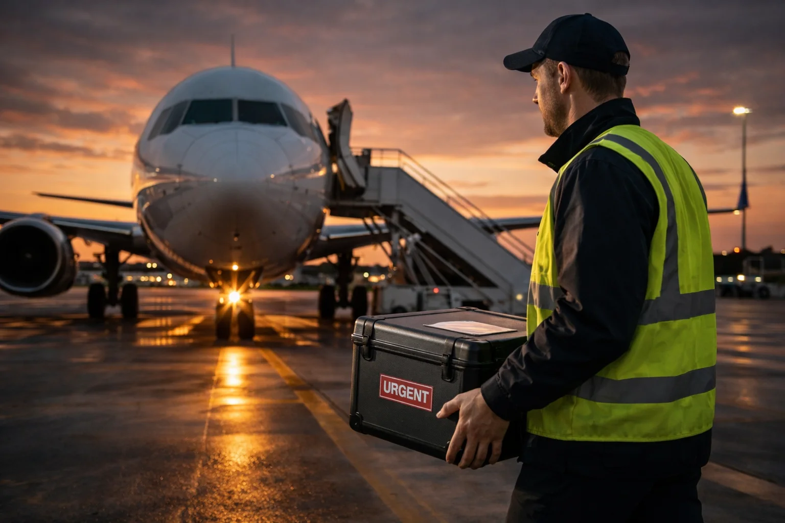 Airside staff with an urgent transport case beside an aircraft for a time-critical AOG mission.