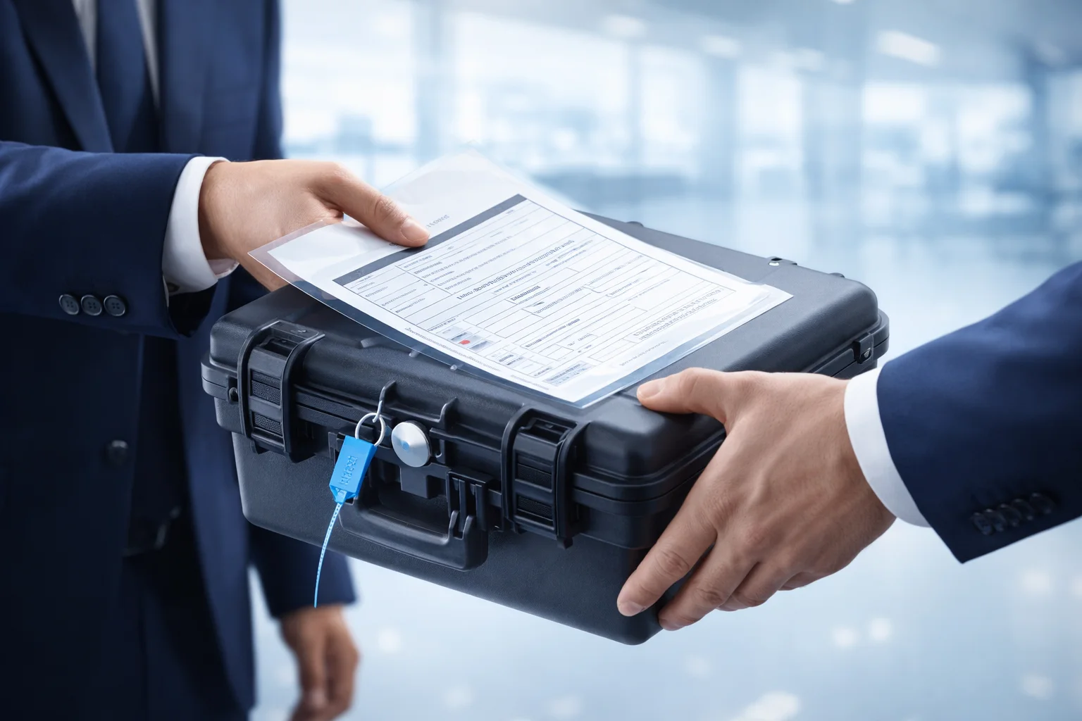 Discreet handover of a sealed case with documentation and visible chain of custody.