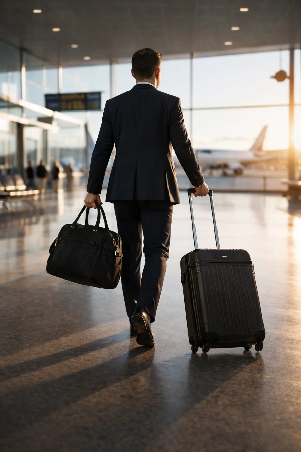 Business courier with trolley and carry-on bag in an airport terminal, ready for a time-critical OBC shipment.