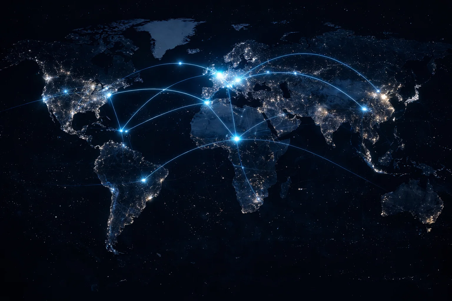 World map with subtle glowing routes visualizing global OBC and hand carry connections.