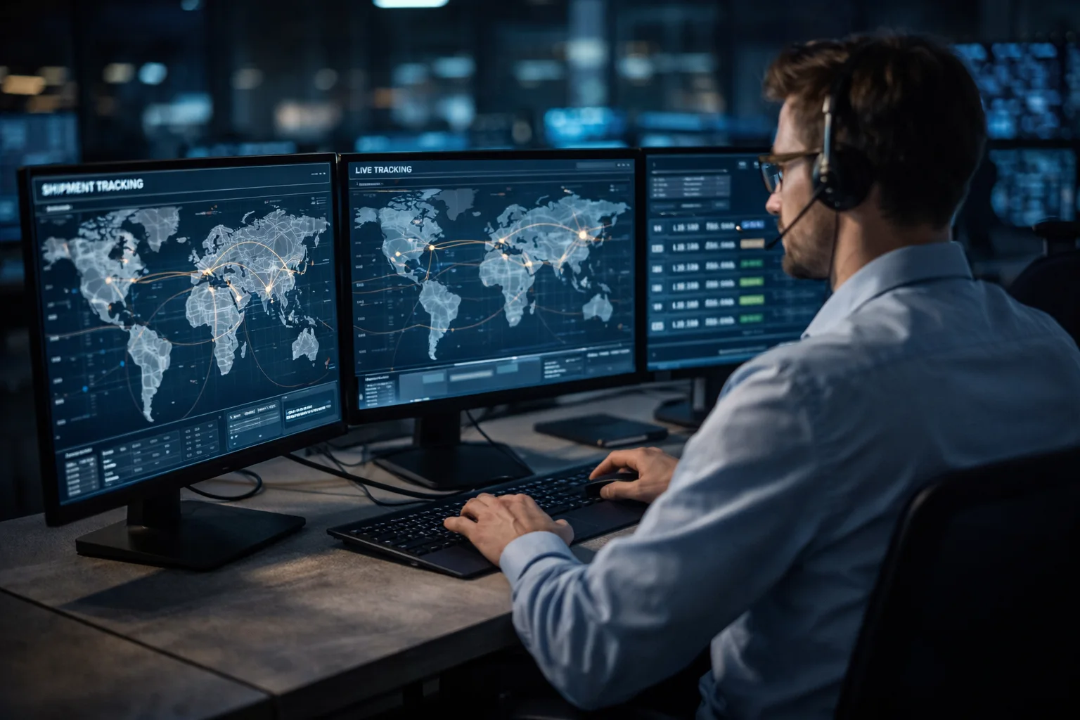 Operations staff monitor live routing and transit windows for time-critical shipments across multiple screens.