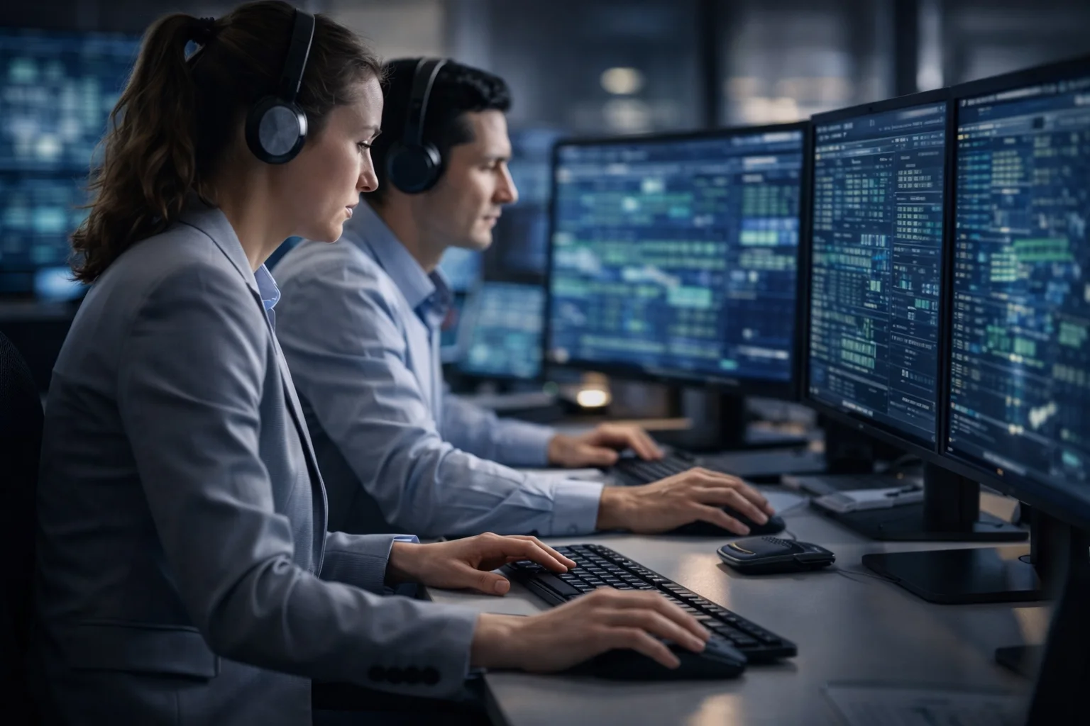 Operations control room team in front of multiple screens during the 24/7 coordination of time-critical shipments.