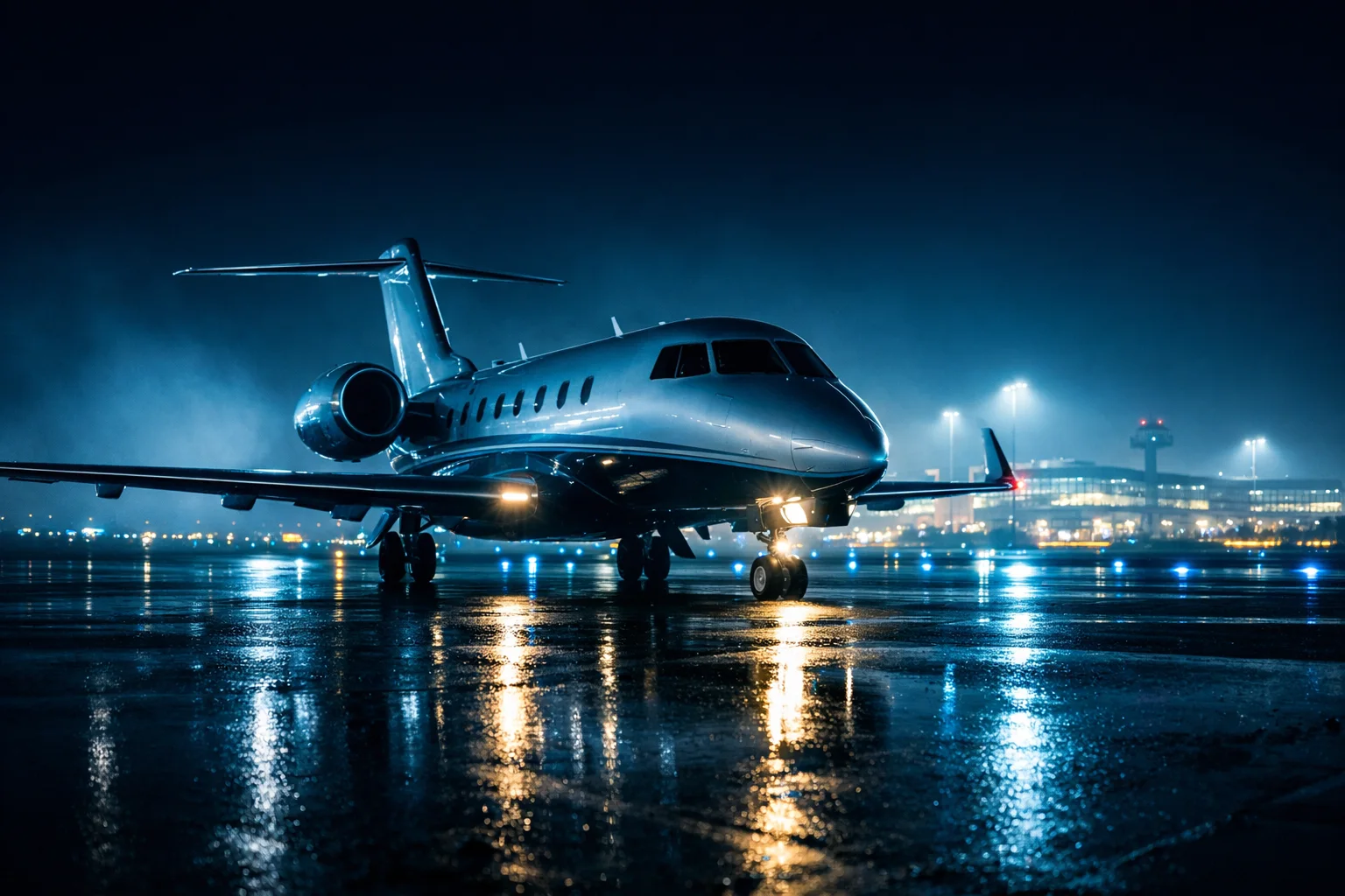 Ready charter aircraft on a wet night stand as an option for especially urgent special transports.
